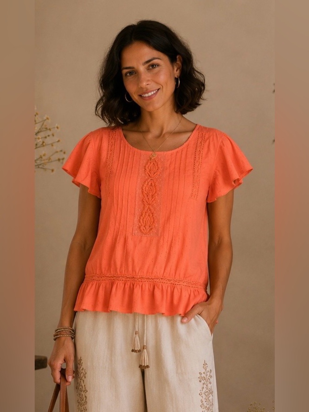 Lucky Brand Coral Embroidered Swiss Dot Flutter Sleeve Peplum Top M Boho